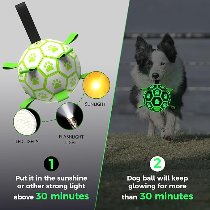QDAN Premium Glow in The Dark Dog Toys, Dog Ball with Straps, Soccer Ball for Dogs, Outdoor Dog Toys, Pet Birthday Toys, Puppy Essentials for Medium to Large (8Inch)