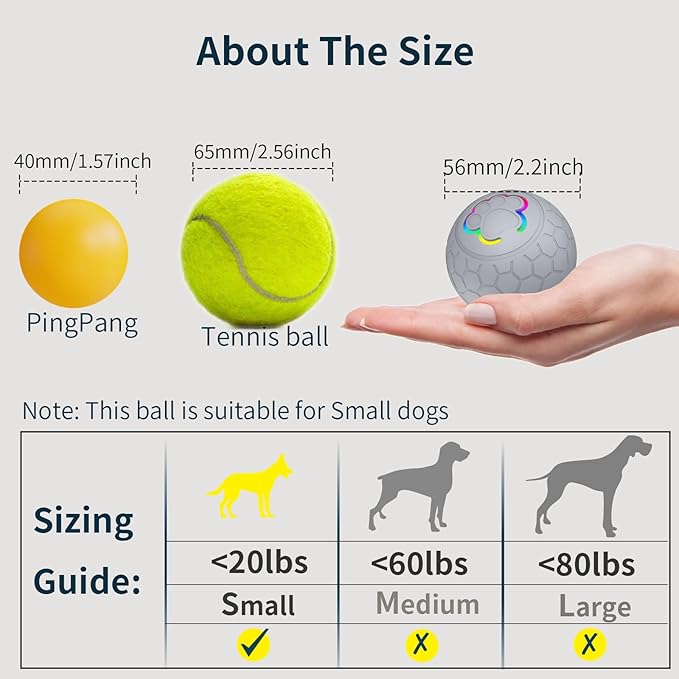 Smart Interactive Dog Toys Ball, Auto Bouncing Rotating Ball, Moving Pet Toys for Small Dogs Under 20 lbs - 2.2 Inch Puppy Toy for Indoor/Outdoor Play, USB Rechargeable, Fun Gift for Boredom, Gray