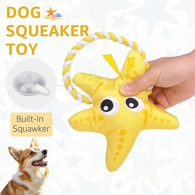 SCENEREAL Dog Water Toy for Small Medium Dogs- Floating Dog Toys Squeaky Toys for Pool Fetch, Starfish Shape Durable Rope Interactive Pet Chew Toy Summer Outdoor Interactive Play