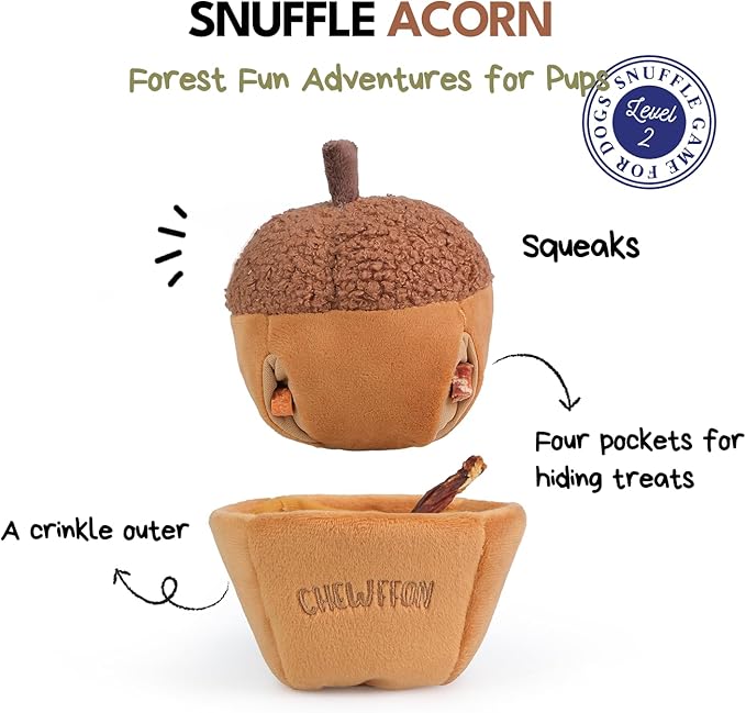 Interactive Plush Dog Toy, Enrichment Crinkle Treat Puzzle Toys for Boredom and Stimulating, Acorn Shaped Snuffle Dog Toys, Hide and Seek Toy for Small, Medium and Large Dogs