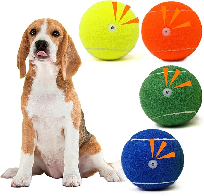 Tennis Ball Dog Toys 4 Pack - 4-Inch Durable and Safe Dog Ball, Sound Output from The Large Tennis Balls for Dogs with Mesh Bag, Perfect for Indoor and Outdoor Play
