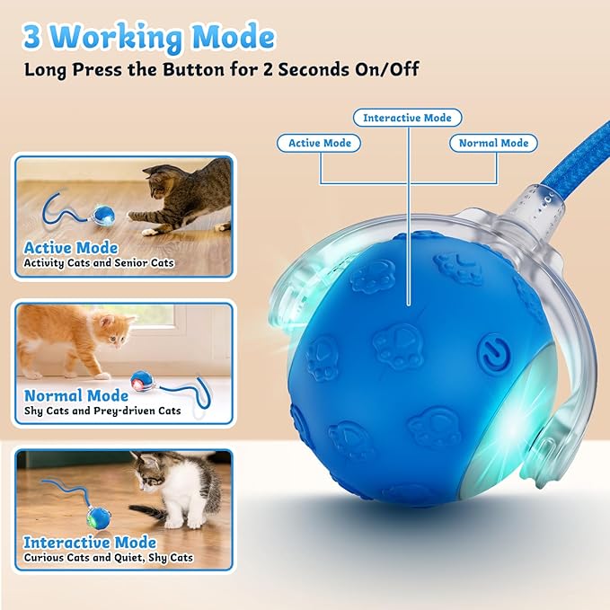 Interactive Cat Toys for Indoor Cats, 2025 New Upgraded Moving Cat Ball with Chirping Sound, Rechargeable Fast Rolling Ball, Fun Automatic Kitten Toys for Bored Adult Kitten Exercise, Blue