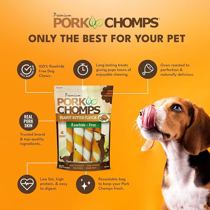 Pork Chomps Baked Pork Skin Dog Chew, 6-inch Twists, Peanut Butter Wrap, 4 Count (Pack of 2)