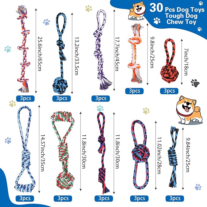 Hiboom 30 Pcs Rope Dog Toys for Aggressive Chewers Heavy Duty Dog Chew Toys for Medium Large Dog Cotton Dog Toys War Dog Toy for Teeth Cleaning