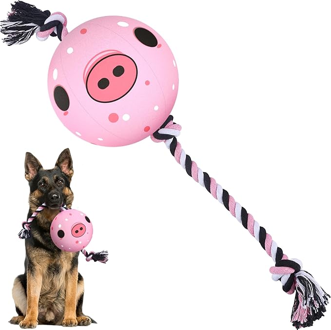 QDAN Dog Rope Dogs Toy: Dog Soccer Ball with Strap, Balls on Rope Plush Outdoor Birthday Toys for Small to Medium(for Medium Dogs, Pig)