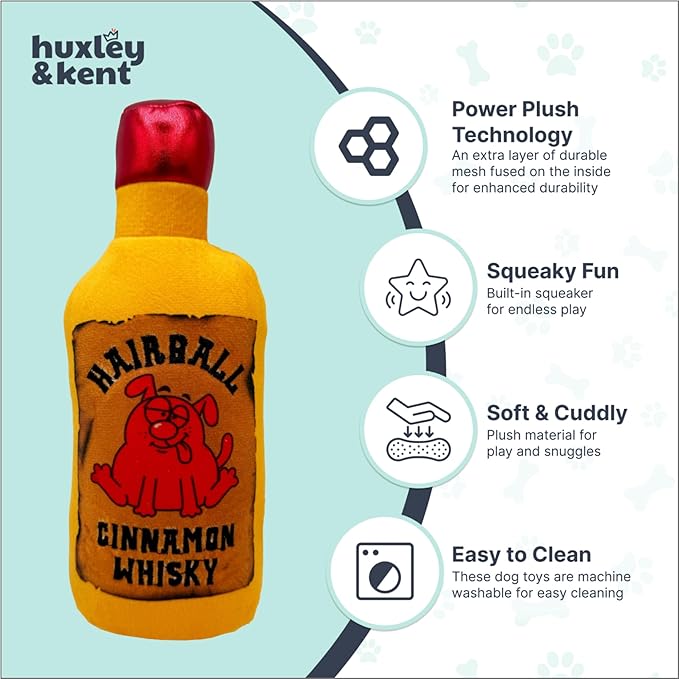Huxley & Kent Funny Dog Toy w/Squeaker – Power Plush Squeaky Dog Toys for Small, Medium & Large Dogs – Soft Stuffed Animal for Indoor Play & Fetch - Hairball Cinnamon Whiskey, Small