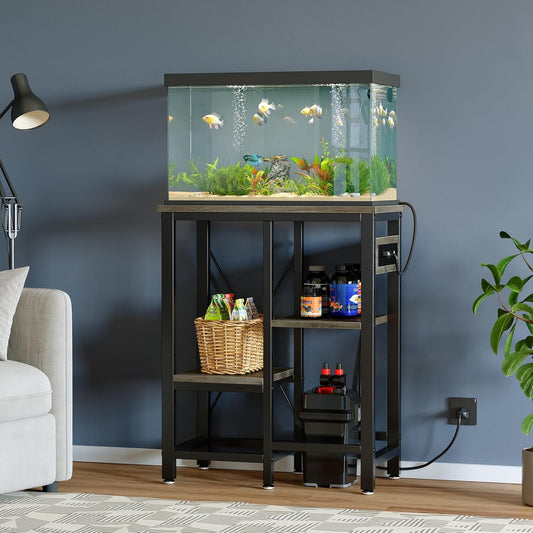 10 Gallon Fish Tank Stand with Power Outlets, 20 x10 Metal Aquarium Stand with 3-Tiers Adjustable Storage Shelves, 6-Legs Reptile Terrarium Stand, 264 LBs