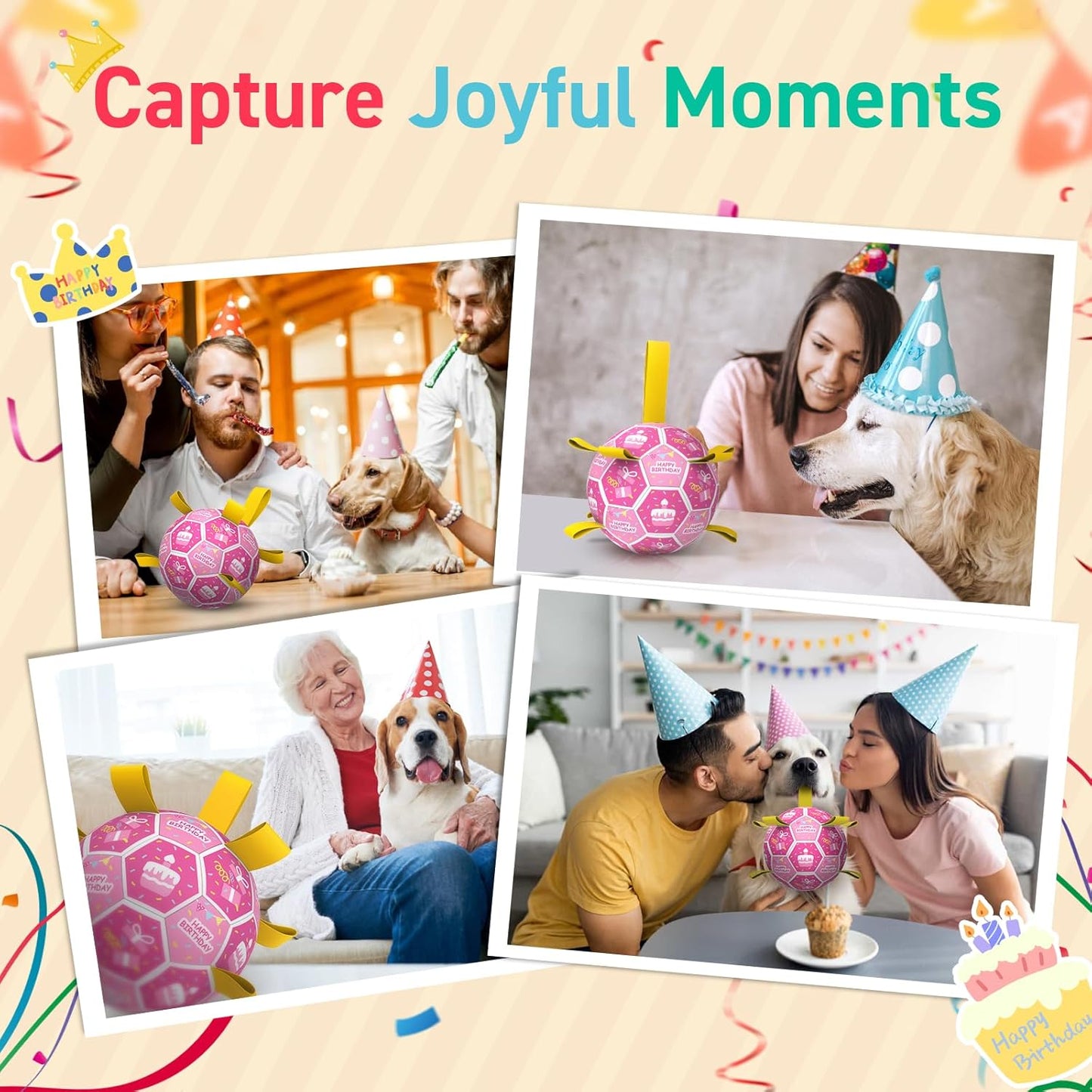 QDAN Dog Birthday Toys, Squeaky Dogs Toys, Dog Soccer Ball with Straps, Puppy Gifts, Herding Balls with Bell Inside, Water Toy, Durable Ropes Ball for Medium Large Dogs (8 inch)