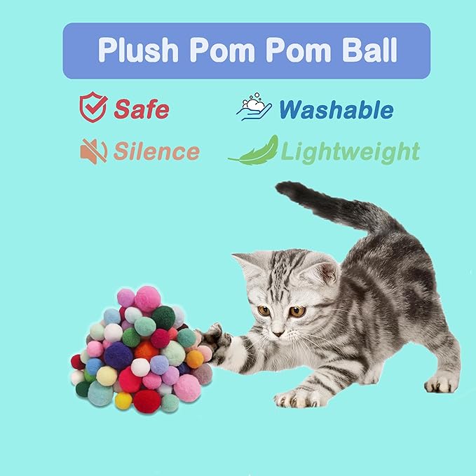 100Pcs Cat Toys Assortment - Interactive Kitten Toy Bundle with Sparkle Balls, Premium Silent Soft Pom Poms, Crinkle Balls & Spring Toys for Indoor Cats & Kittens