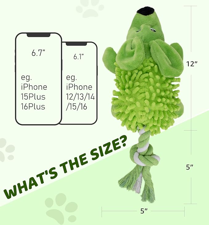 Squeaky Dog Toys - Plush Dog Toys with Soft Durable Fabric for Small Medium Large Breeds, Interactive Tug of War Rope Chew Toys, Teeth Cleaning, Dental Care, and Keep Dogs Busy (Puppy-Green)