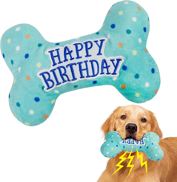 Prime Pets Dog Birthday Toys, Plush Dog Squeaky Toys, Stuffed Puppy Chew Toy for Small Medium Large Dogs, Bone Pet Toy