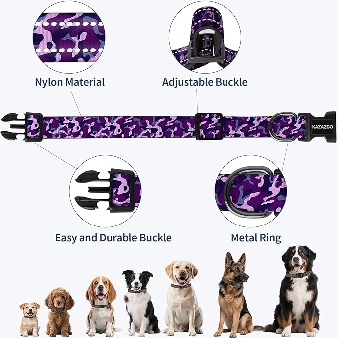Reflective Dog Collar with Soft Padding Dog Collar for Medium & Small Dogs, No Pull, Heavy Duty, Adjustable Nylon Collar with Quick-Release Buckle, Walking Training Purple camo-S