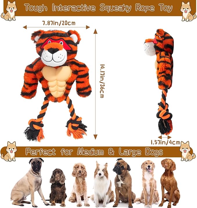 Durable Rope & Plush Dog Toy for Aggressive Chewers – Muscle Tiger Squeaky Tug Toy for Medium & Large Dogs, Interactive Chew & Play