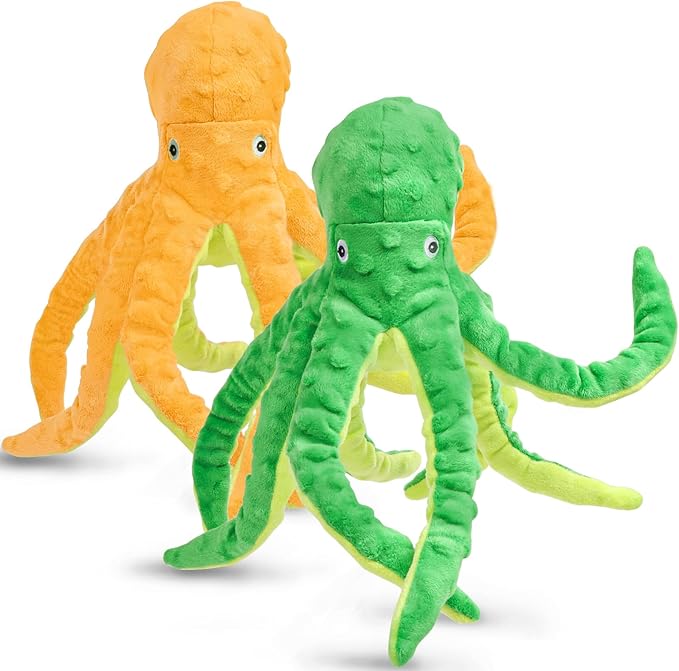 2 Pack Octopus Squesky Dog Toys for Large Medium Small Dogs, Stuffed and Tough Plush Dog Toys for Aggressive Chewers (Green+Yellow)
