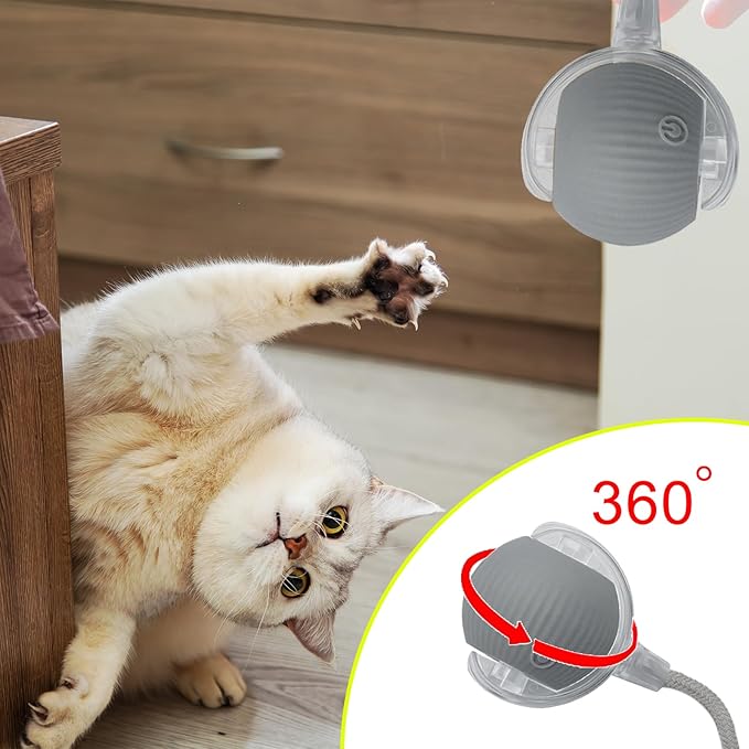 Interactive Cat Dog Toy Ball: Indoor Small Automatic Moving Smart Rolling Fun Pet Game with Led Light and String Tail for Motion Activated, Cute Kitten Puppy Present, Exercise Wheel Supplies (Grey)