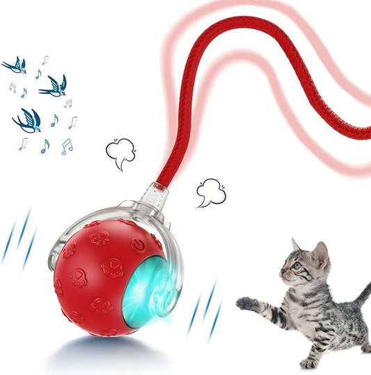 Interactive Cat Toys for Indoor Cats, 2025 New Upgraded Moving Kitten Ball with Chirping Sound, Rechargeable Fast Rolling Ball, Fun Automatic Cat Toys for Bored Adult Kitten Exercise, Red