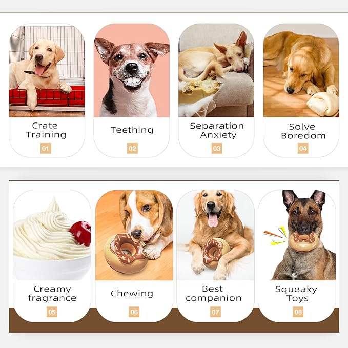 Dog Chew Toys for Aggressive Chewers, Indestructible Tough Squeaky Mental Stimulation Teeth Grinding Interactive Dog Chew Toys for Small/Medium/Large Dog Breeds, Creamy Scent Donut Brown