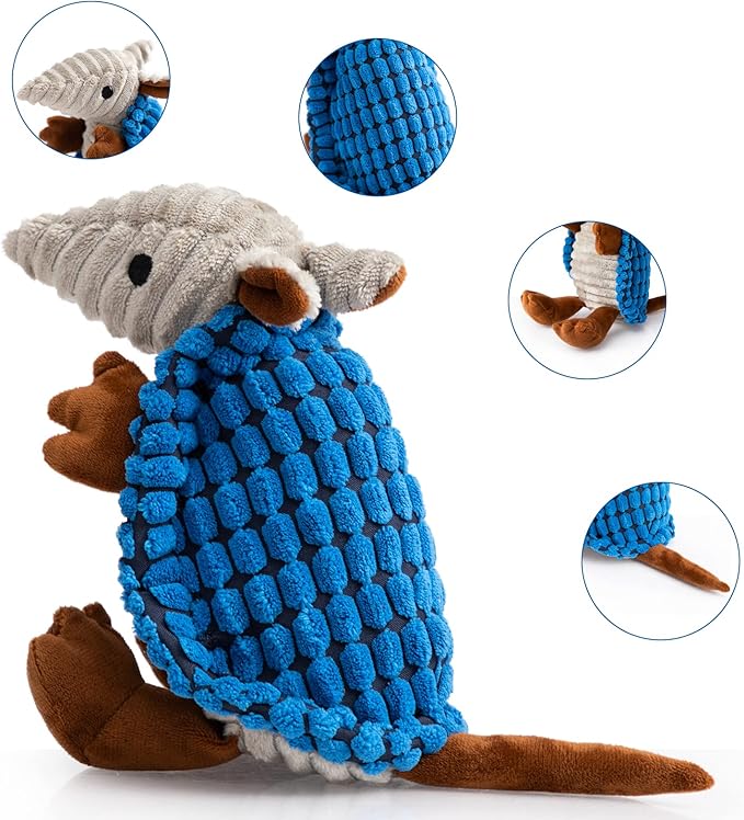 Hollypet Plush Dog Squeaky Toy Stuffed Armadillo Animal Pet Puppy Chew Toys with Clean Teeth for Small Medium Large All Breed Sizes Dogs, Blue, 8 in