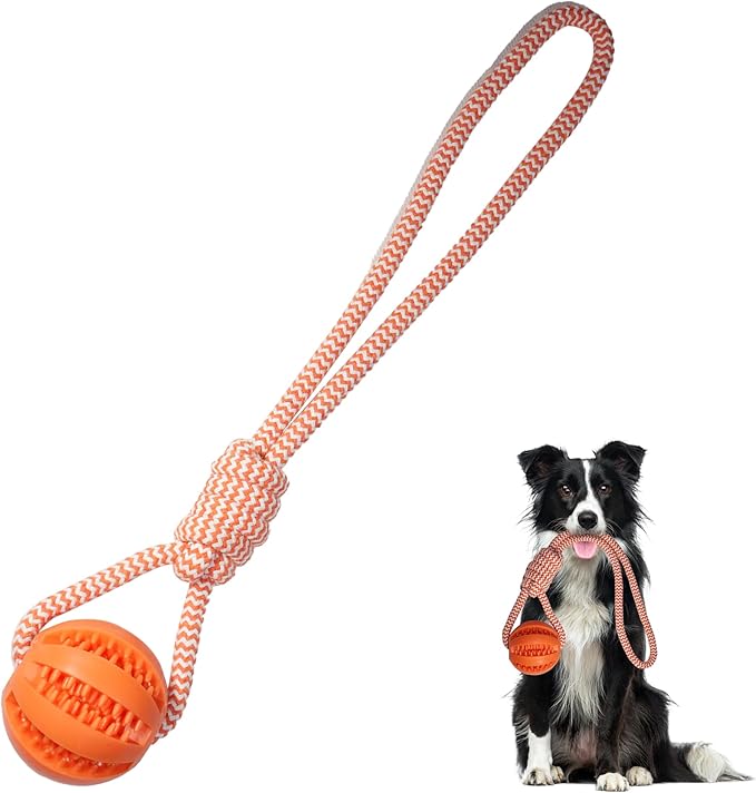 Dog Rope Toy for Medium and Small Dogs, Interactive Puppy Toys Tug of War Toy with Rubber Ball, Durable Outdoor Puppy Chew Toys for Teeth Cleaning, Fetch & Training (Orange)