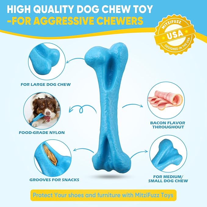 Mitzifuzz Tough Dog Toys for Aggressive Chewers, Interactive Dog Toys to Keep Them Busy, Dog Chew Toys Long Lasting for Large/Medium/Small Dogs, for Teeth Cleaning, Bacon Flavor(2pcs, Blue+Coffee)