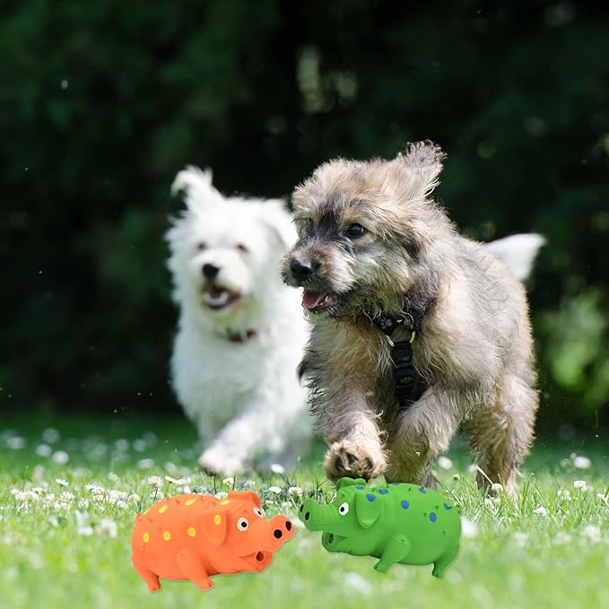 Pig Squeaky Dog Toy, 2 PCS Interactive Rubber Dog Chew Toy - Durable Latex Spot Grunting Pig Toys That Oink for Small Medium Large Dogs (Orange, Green)