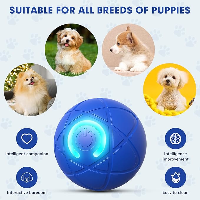Interactive Dog Toys for Small Dogs, USB Rechargeable Smart Jumping Ball for Dogs, Chew-Resistant TPE & BPA-Free Vibrating Dog Ball, LED Light-Up Play for Mental Stimulation & Indoor Play (Blue)
