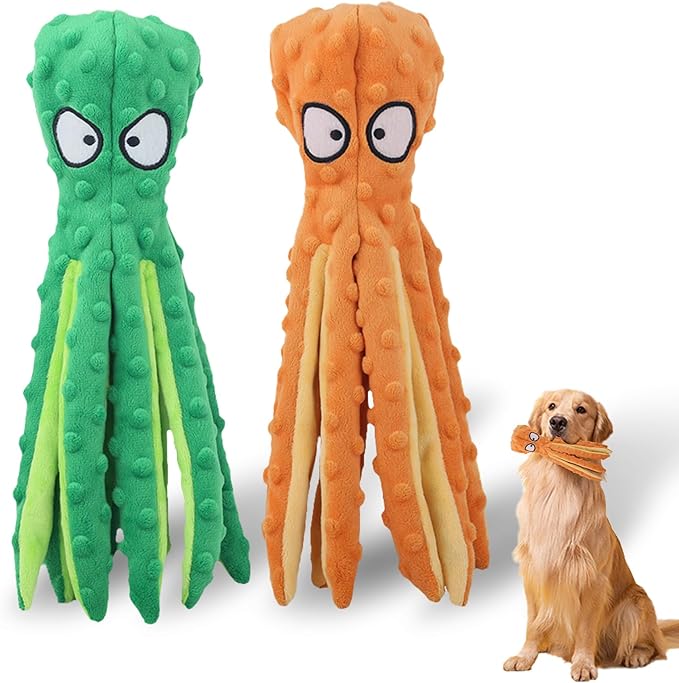Dog Squeaky Toys Octopus, No Stuffing Plush Toys, Squeaky Octopus Dog Toy - Durable Plush for Puppies, Interactive Dogs Toys for Aggressive Chewers (Green+Orange)
