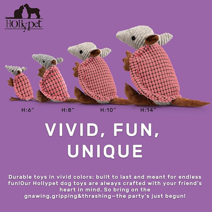 Hollypet Plush Dog Squeaky Toy Stuffed Armadillo Animal Pet Puppy Chew Toys with Clean Teeth for Small Medium Large All Breed Sizes Dogs, Bright Pink, 6 in