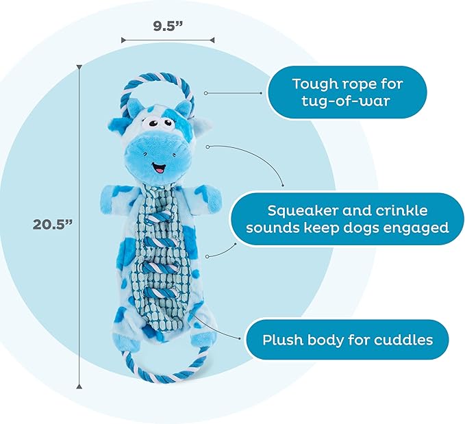 Outward Hound Ropiez Rope Interactive Dog Tug Toy for Tugging Squeaky Fun, 20.5 Inch Cow, Blue, Medium