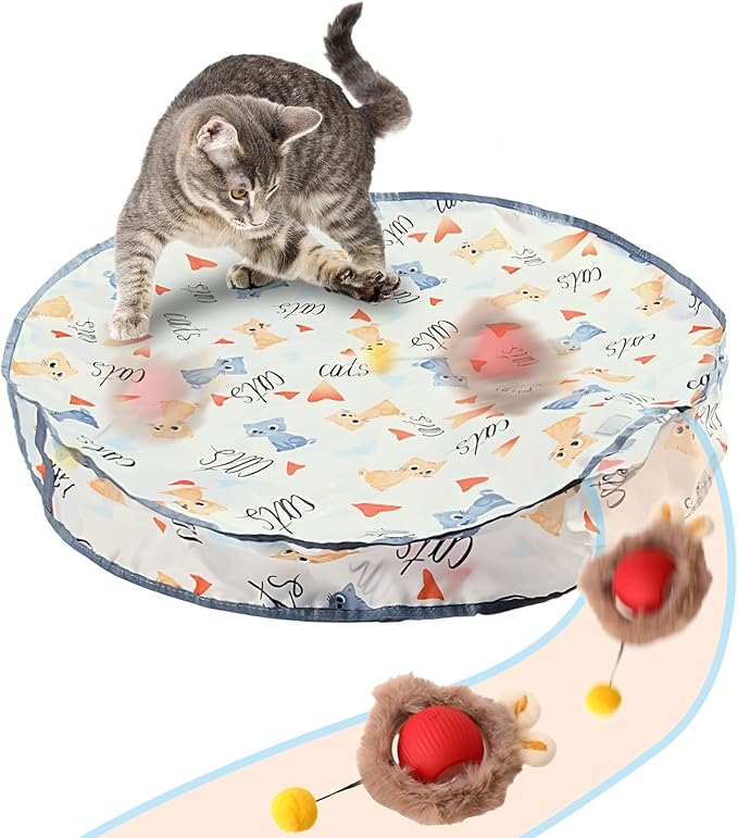 Rocfish Interactive Cat Toys Ball - Automatic Fast Rolling Ball in Play Mat, Hide and Seek Mouse Catching Game, Low-Noise Cat Enrichment Toys in Pouch for Indoor Bored Cats (Red Toy & Round Mat)