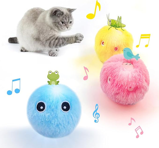 Cat Toy Balls with Sound, Chirping Cat Toys with Catnip, 3 Pcs Fluffy Plush Toy Balls, Interactive Kitten Toys for Indoor Cats (Bird+Frog+Crickets, Plush)
