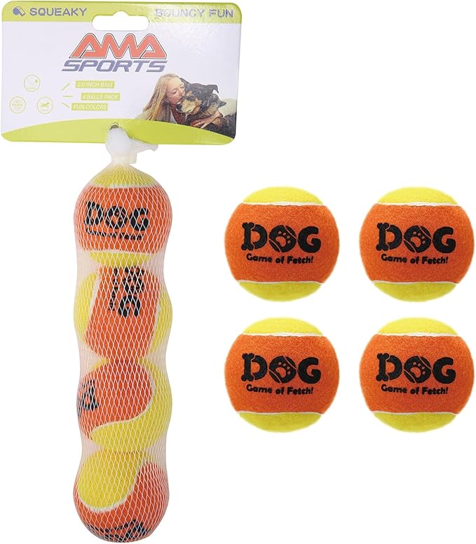 AMA SPORT Squeaky Tennis Balls for Dogs 2.0" Small Dog Tennis Balls for Throwing and Fetching Dog Toys for Training, Exercise, High Bouncing 4 Pack (Orange Yellow)