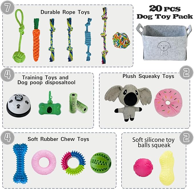 20Pcs Puppy Chew Toys for Teething, Dog Chew Toys with Rope Toys, Pet Dog Toothbrush, Treat Balls, Plush Toys and Squeaky Toy for Small Medium Dogs with Basket