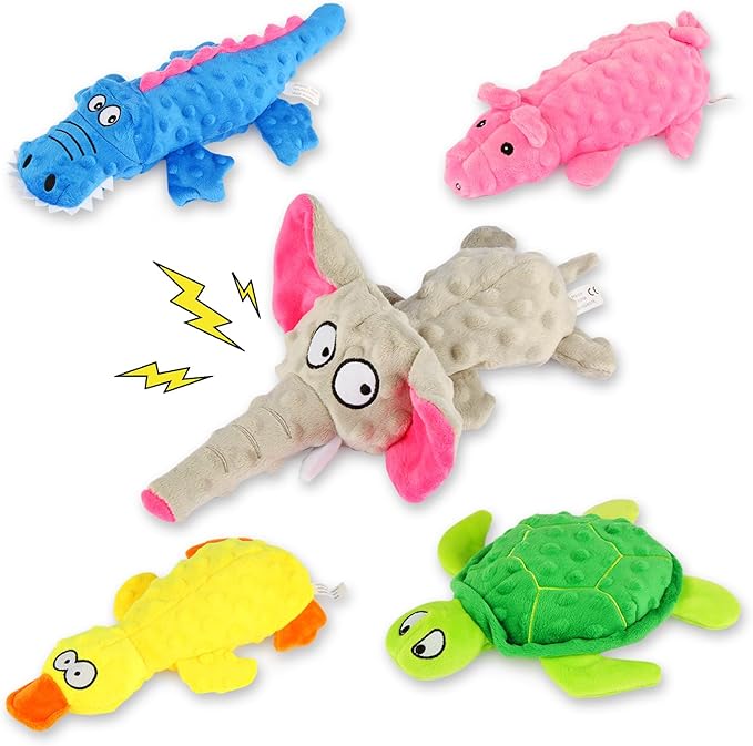5 Pack Stuffed Animal Dog Toys for Aggressive Chewers, Squeaky Dog Toys for Large Medium and Small Dogs, Puppy Dog Chew Toys