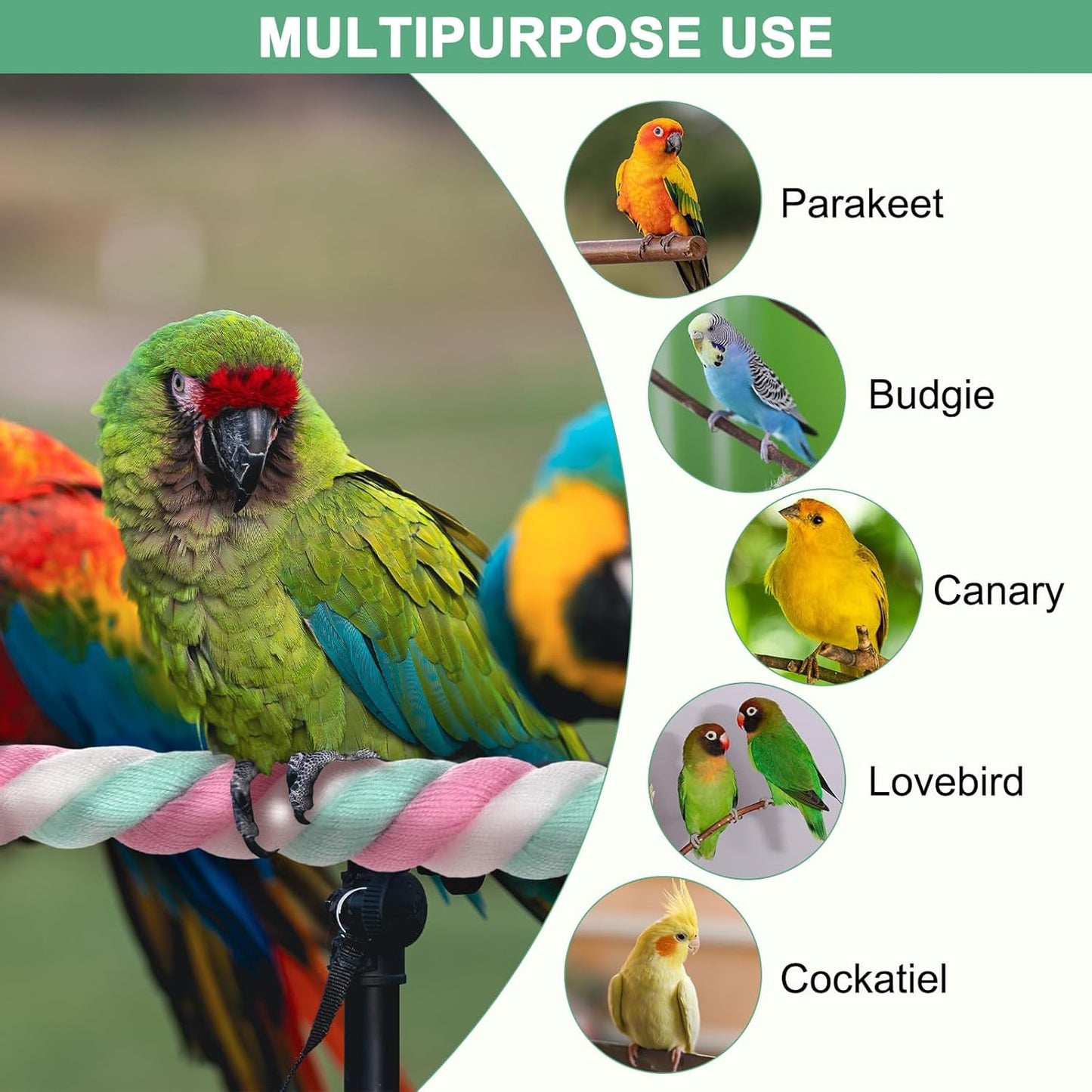 1-Pack Rope Perches for Bird Cages, 31.5 in Length Comfort Grip Flexible Rope Perch Beak & Paw Grinding for Parrots/Cockatiels/Parakeets, Bird Platform Sand [Pink Cyan]