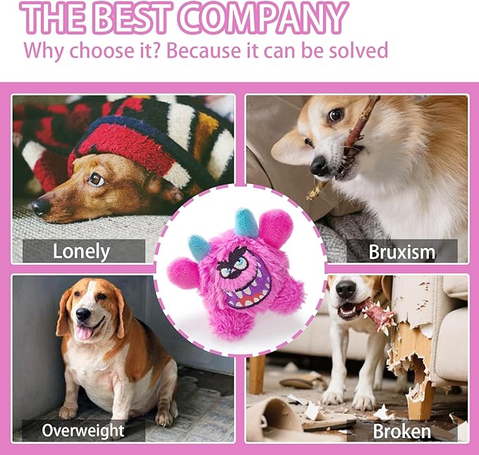 Squeaky Plush Ball Dog Toy, Little Monster Puppy Toys Suitable for All Breeds, Dental Care, Skin-Friendly and Soft and Durable (Rose Red, Large)