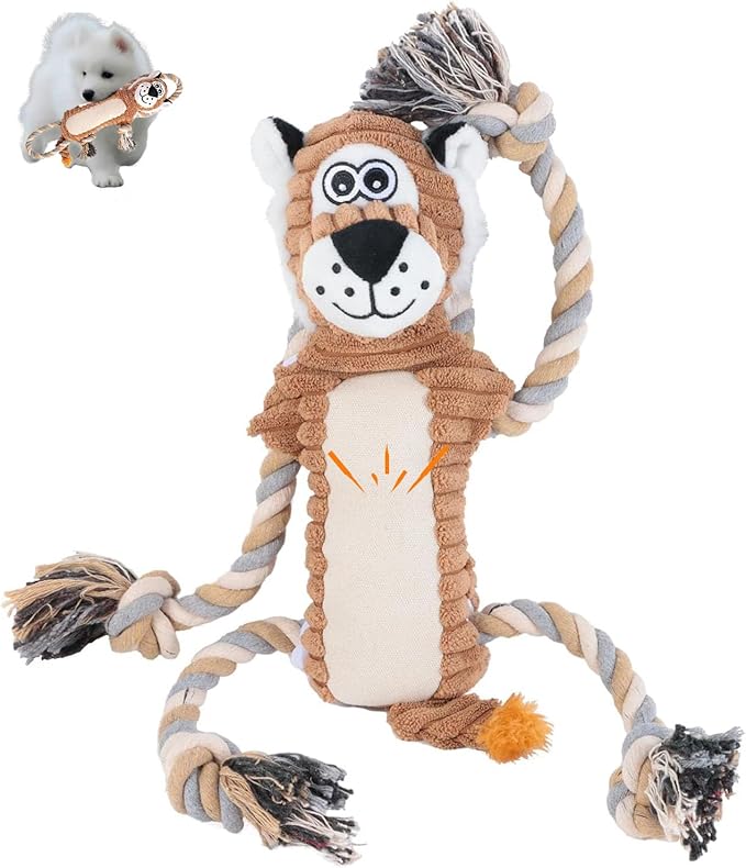 Squeaky Dog Toys Interactive Durable Rope-Infused Lion Shape Puppy Chew Toys for Small, Medium and Big Dogs