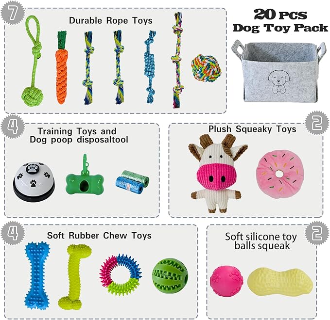20Pcs Puppy Chew Toys for Teething, Dog Chew Toys with Rope Toy, Pet Dog Toothbrush, Treat Balls, Plush Toys and Squeaky Toys for Small Medium Dogs with Basket
