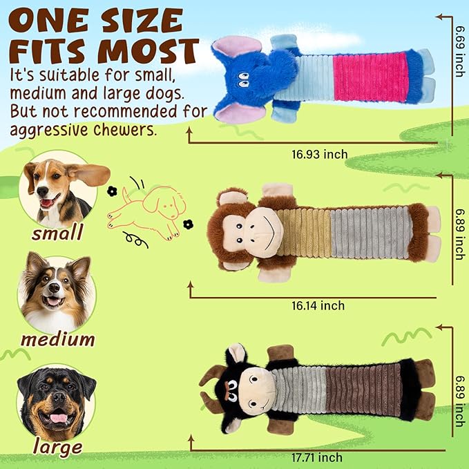 3 Pack No Stuffing Dog Squeaky Toys, Dog Chew Toys with Crinkle and Squeaker, Cute Animal PlushToys to Keep Them Busy, Suitable for Large, Medium and Small Breeds （Elephant&Monkey&Cattle
