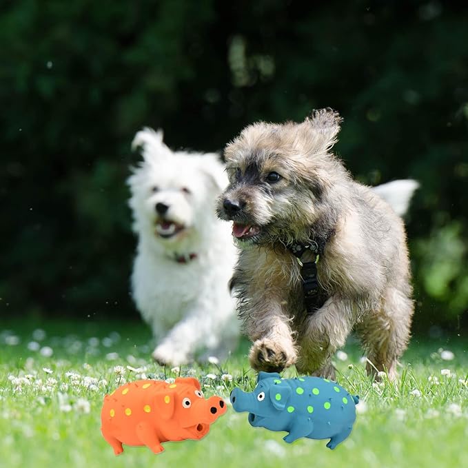 Pig Squeaky Dog Toy, 2 PCS Interactive Rubber Dog Chew Toy - Durable Latex Spot Grunting Pig Toys That Oink for Small Medium Large Dogs (Orange, Blue)