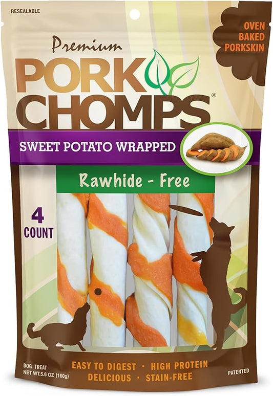 Pork Chomps Baked Pork Skin Dog Chews, 6-inch Twists, Real Sweet Potato Wrap, 4 Count