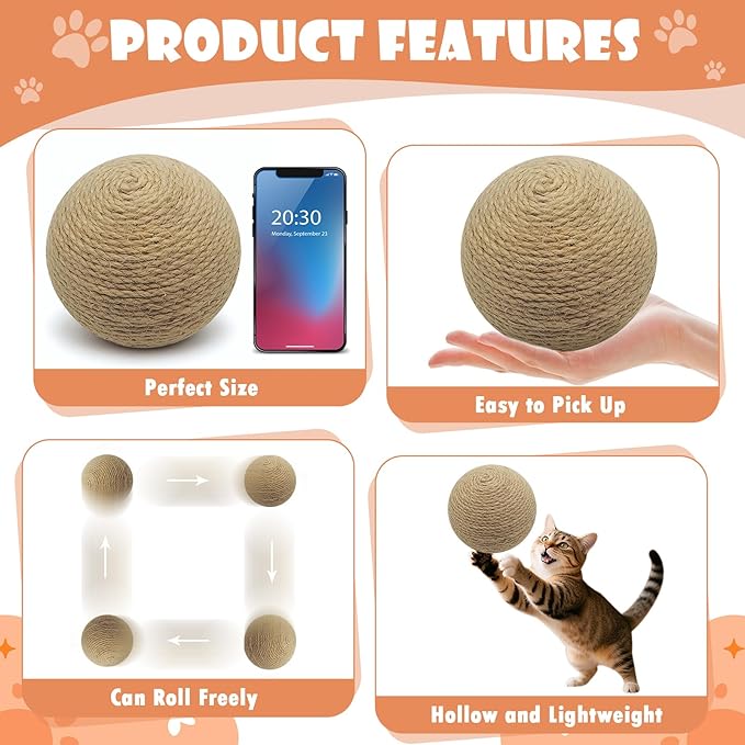 Sisal Cat Ball Toy, Large 6.3-inch Interactive Natural Cat Scratching Ball, Perfect Scratcher for Indoor Cats' Exercise and Fun
