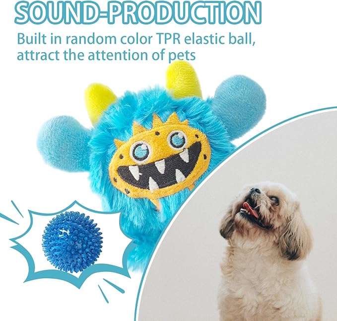 Plush Squeaky Dog Toy Ball, Chew Guard, Soft and Comfortable, Training and Companionship, Little Monster Puppy Toys Suitable for All Breeds, (Blue, Small)