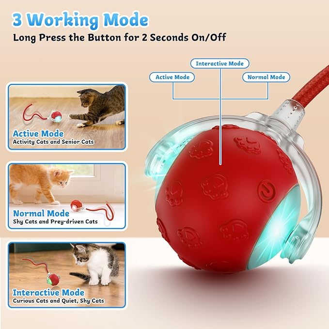 Interactive Cat Toys for Indoor Cats, 2025 New Upgraded Moving Kitten Ball with Chirping Sound, Rechargeable Fast Rolling Ball, Fun Automatic Cat Toys for Bored Adult Kitten Exercise, Red