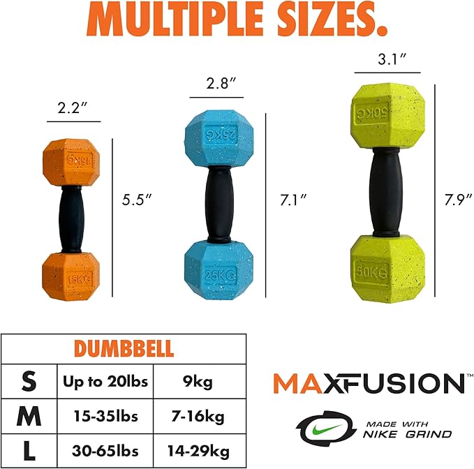 Max Fusion Made with Nike Grind, Dumbbell Dog Toy, Blue Treat Dispenser, Natural Rubber Chew Toy for Medium & Large Dog Breeds & Puppies, Dental Health, Puzzle, Reward Play, Training Toy