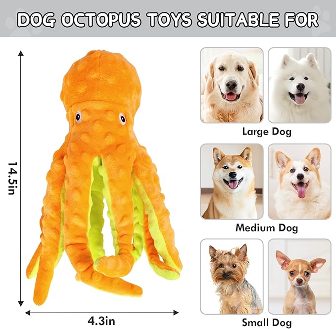 2 Pack Octopus Squesky Dog Toys for Large Medium Small Dogs, Stuffed and Tough Plush Dog Toys for Aggressive Chewers (Blue+Yellow)