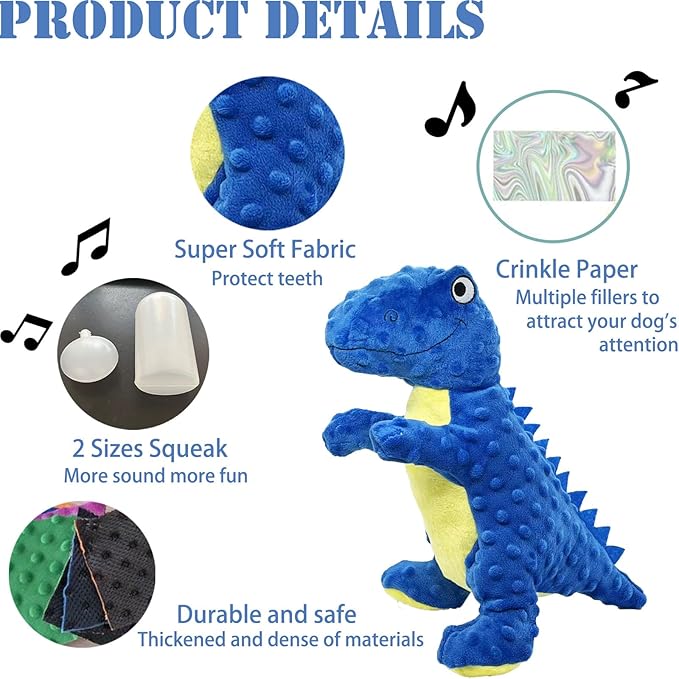 No Stuffing Dog Toys for Aggressive Chewers, Squeaky Wrinkled Toys, Durable Dog Chew Toys, Soft and Tough Plush Toys, Suitable for All Breeds of Dogs. (Dinosaur (Blue))