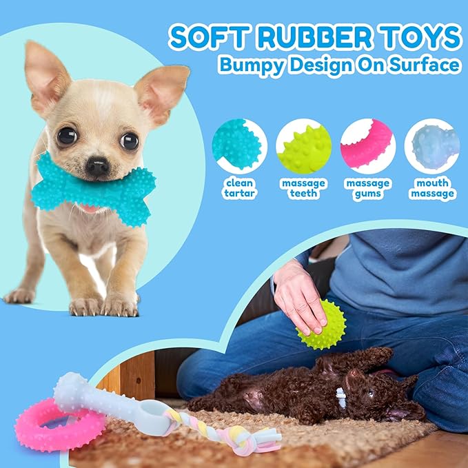 Puppy Chew Toys for Teeth Cleen & Gum Massage, 16 Pack Puppy Teething Toys for 0-6 Months, Soft Plush, Ball and More Rope Interactive Dog Chew Toy Puppies Supplies Starter Kit to Keep Them Busy