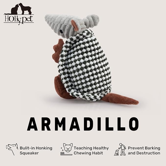 Hollypet Plush Dog Squeaky Toy Stuffed Armadillo Animal Pet Puppy Chew Toys with Clean Teeth for Small Medium Large All Breed Sizes Dogs, Black and White,8 in
