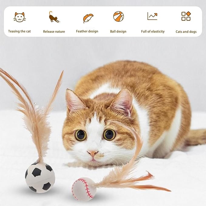 Wanheart 6 Cat Bouncy Balls with Feathers, Rubber Cat Toys Bouncy Balls, Fun Teething Toys, Indoor/Outdoor Interaction